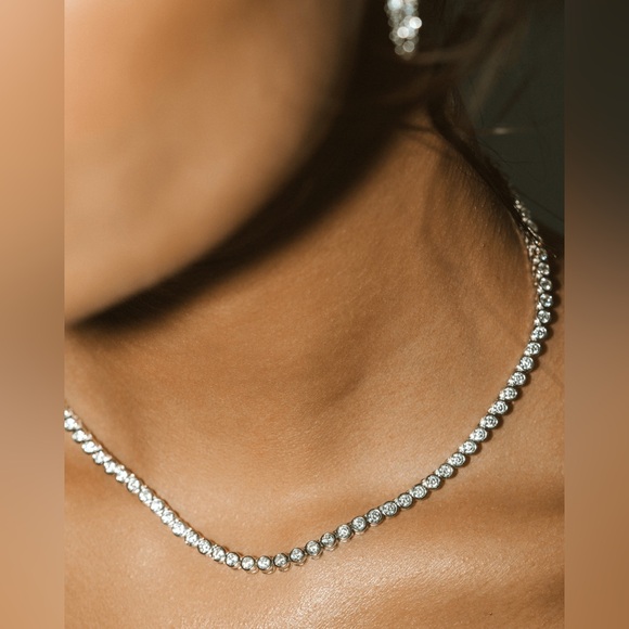 New white Gold Plated Bezel CZ Tennis Necklace | 16.5” Sparkly Choker - Picture 2 of 7
